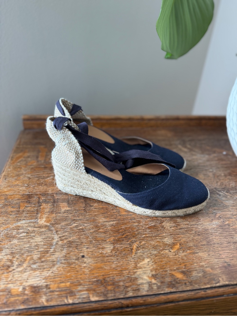 Castaner Navy Blue Canvas Espadrilles Wedge Sandals with Tie Ankle.
